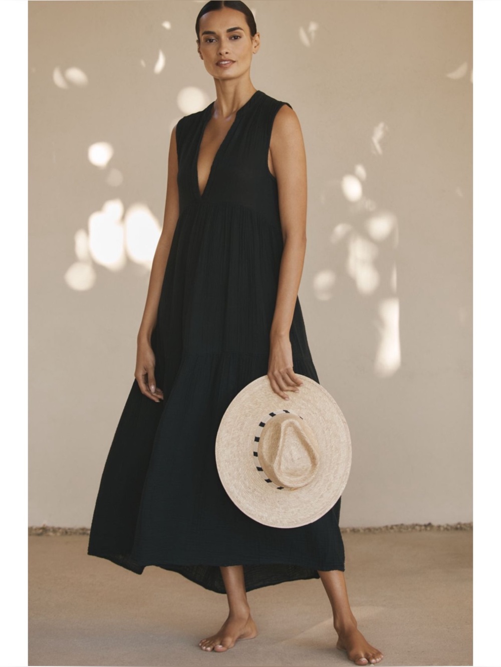 CELANDINE | Anthropologie Kallie Cotton Gauze Flowy Maxi Dress in Black, Size SP